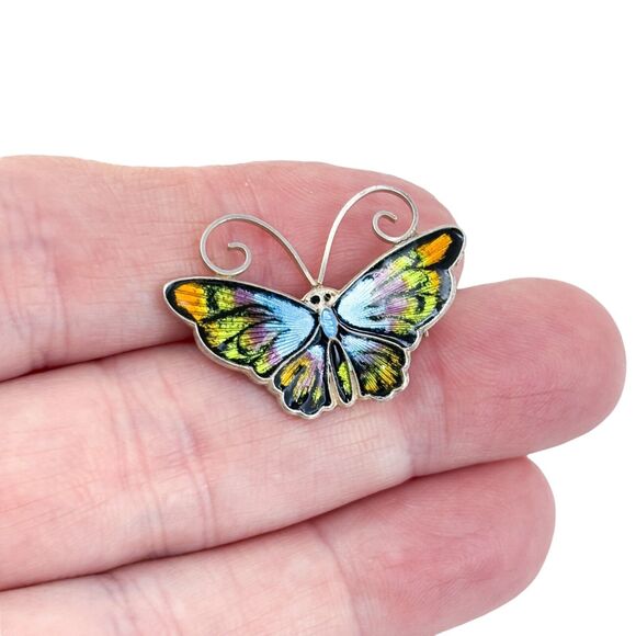 David Andersen Guilloche Multicolor Enamel Sterling Silver Butterfly Pin Brooch - Picture 1 of 7